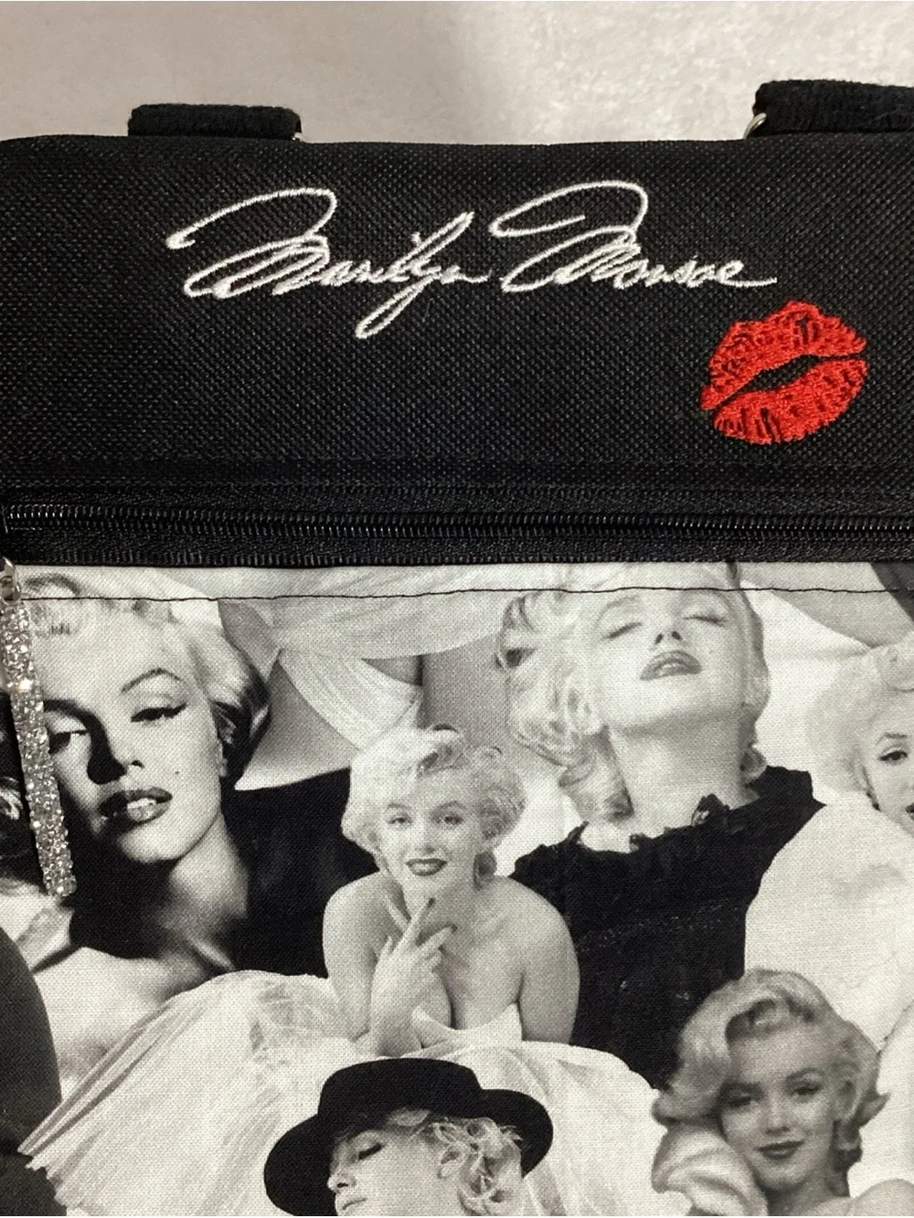 Marilyn Monroe Themed Graphic Printed Crossbody Bag Embroidered Lips & Name